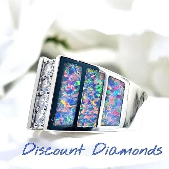 Moissanite & White Lavender Opal Cocktail Ring on 925 Sterling Silver - Picture 2 of 8